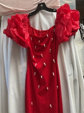 Red Pearl-Embellished Dress with Ruffle Puff Sleeves
